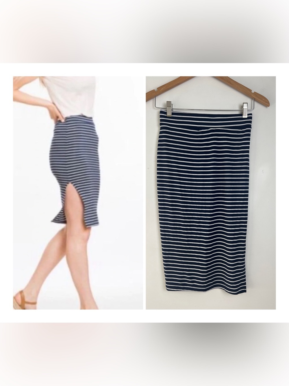 Marine Layer Small Navy & White Stripe Iris Pull On Elastic‎ Waist Midi Skirt
